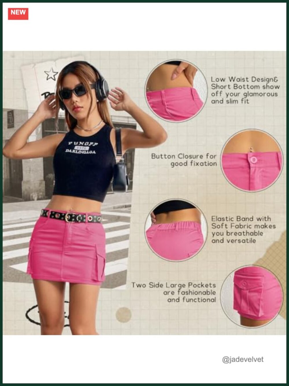 Denim Mini Skirt - Low Rise Cargo Jean Skirt with Pockets - Picture 4 of 6